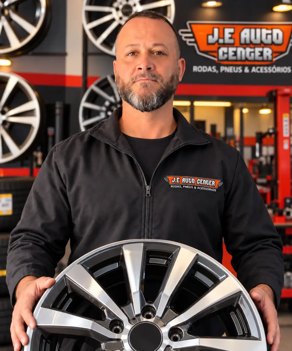 Proprietário da J.E Auto Center em Palhoça segurando uma roda